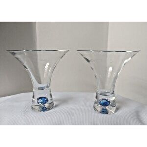 2 Hand Blown Ciroc Clear Glass Blue Bubble Base As Is Martini Glasses